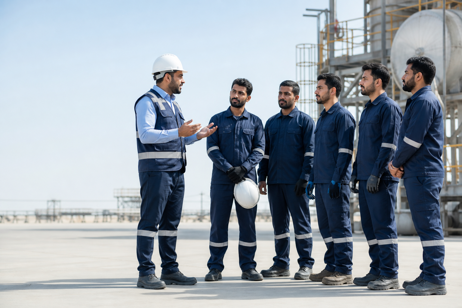 Jeddah workforce supervisor briefing a skilled industrial team