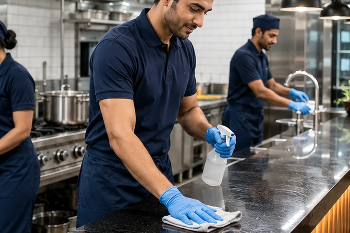 Illustrative housekeeping staff preparing an indoor guest area for the jeddah hotel housekeeping shift brief guide page.