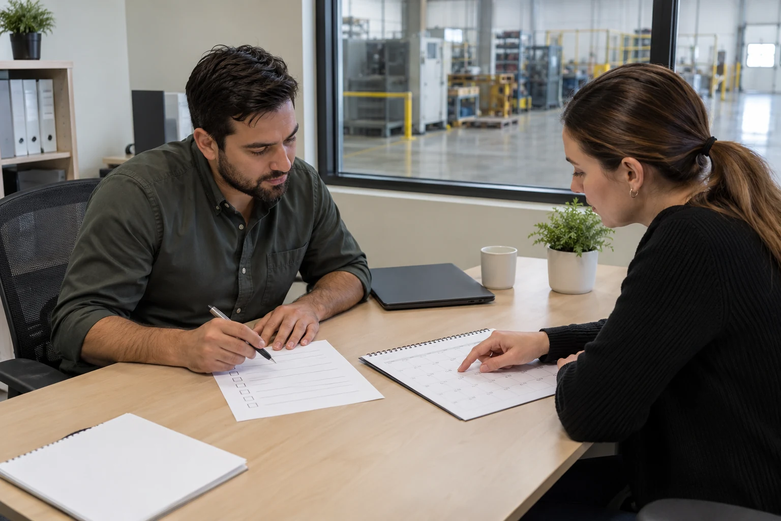 Two workplace coordinators reviewing a task checklist and calendar in an office overlooking an industrial work area