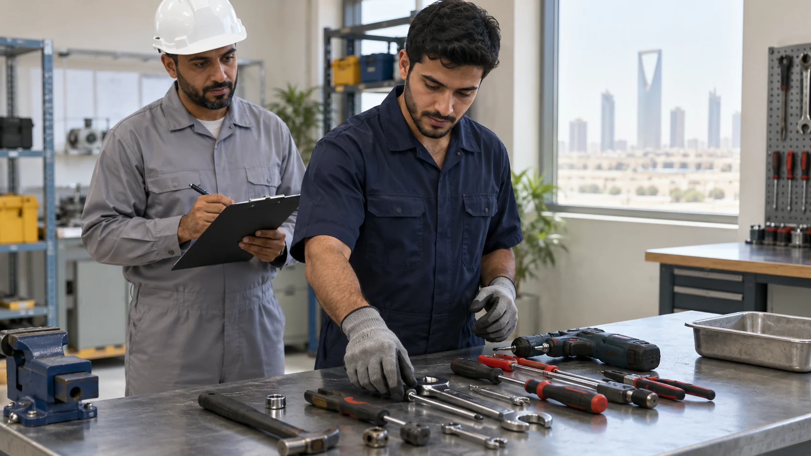 maintenance assessor reviewing tools with a candidate at a training bench