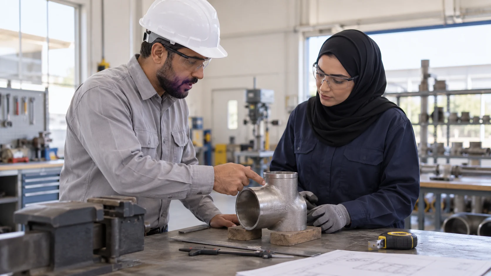 project manager and trade assessor reviewing a pipe fitting in a workshop