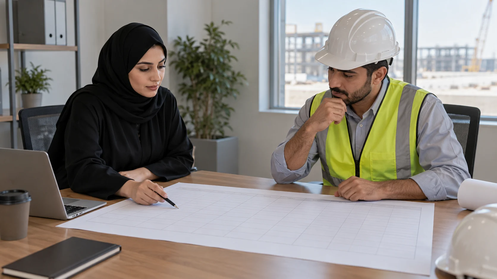 HR coordinator and site supervisor reviewing a work schedule