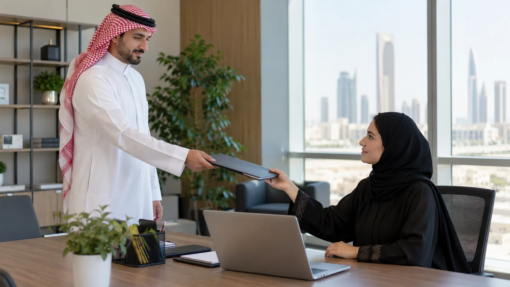 recruiter handing a document folder to an operations coordinator