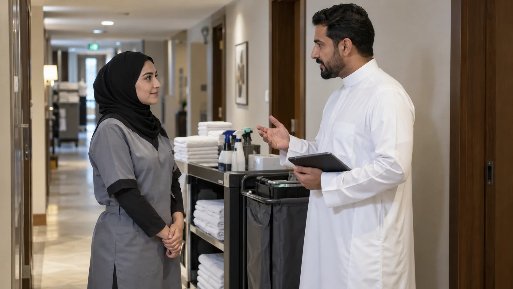 hotel supervisor discussing duties with a room attendant beside a trolley