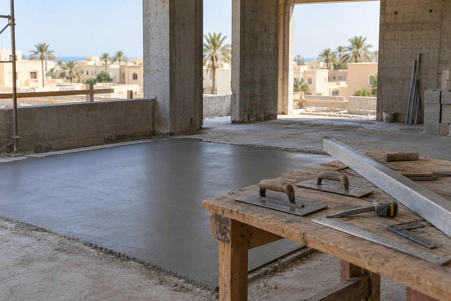 A fresh concrete floor patch and finishing tools inside an unfinished building with coastal views
