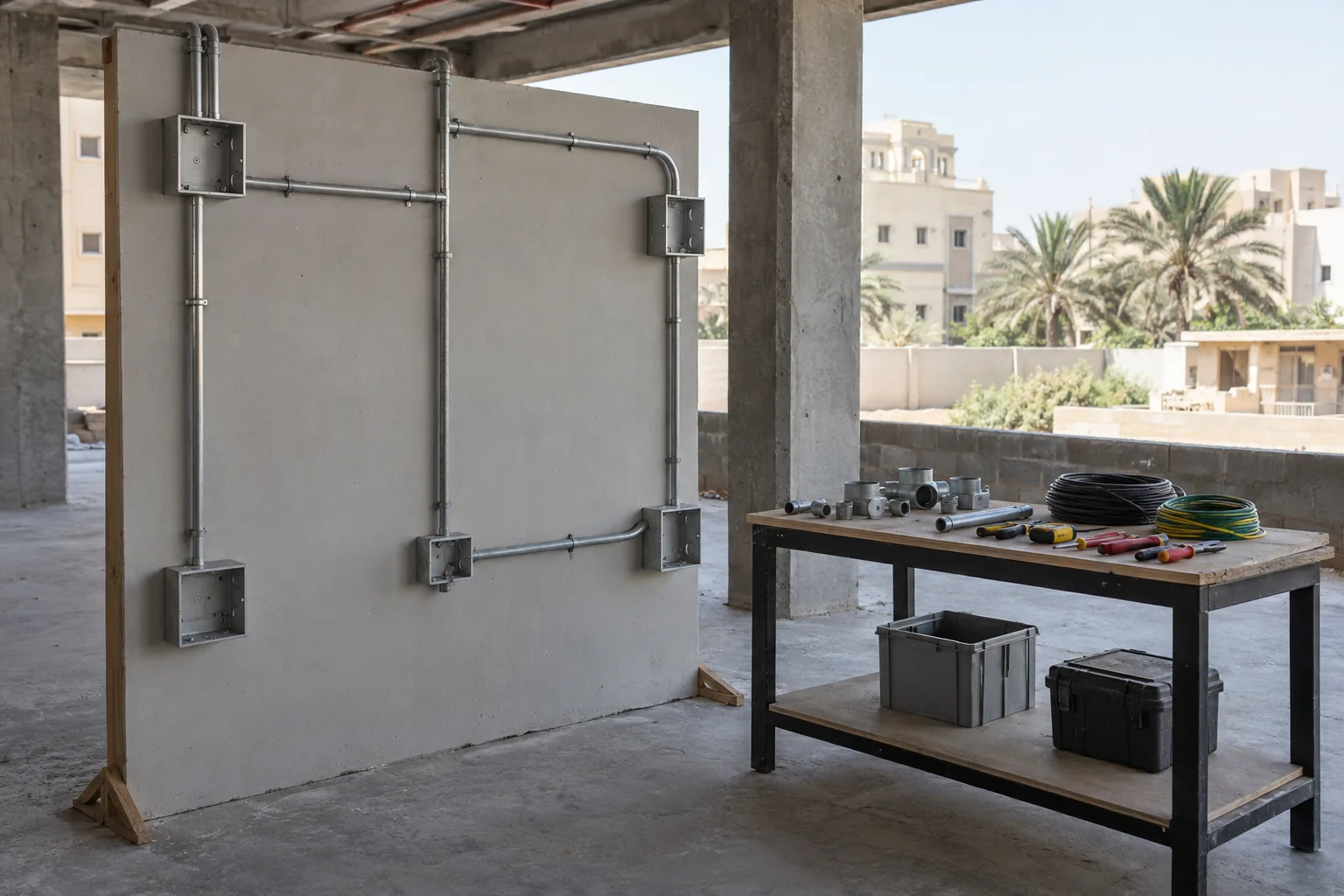 A disconnected conduit demonstration wall and electrical checking bench in a Jeddah construction setting