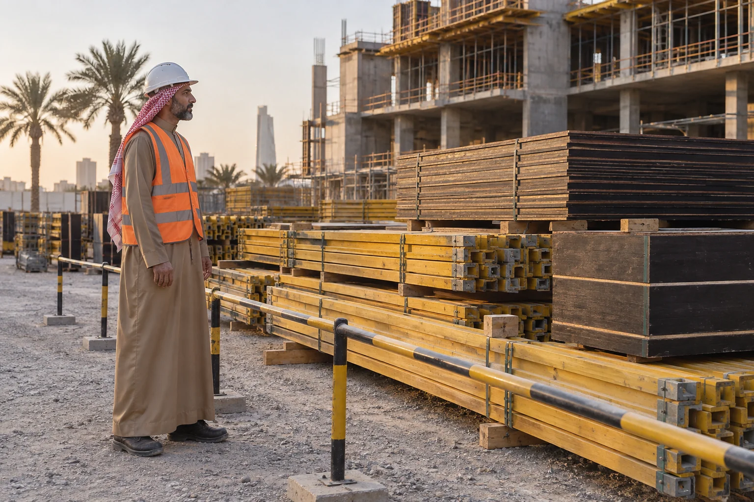 زائر عربي بالثوب ومعدات الوقاية يعاين ألواح ومكونات الشدات من ممر فحص آمن بموقع بناء في جدة