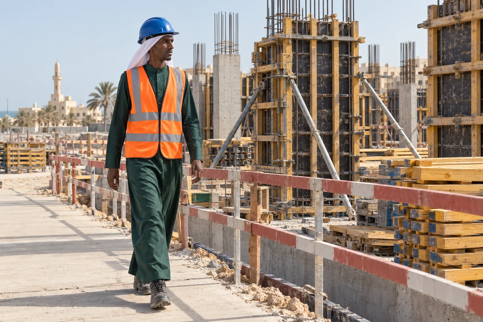 Fictional Arab male visitor in a green thobe and site PPE walking beside formwork on a protected inspection path in Jeddah