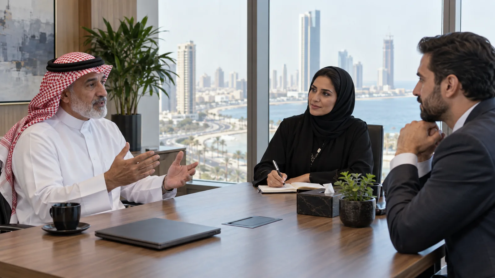 Three professionals discuss a senior role in one office interview room overlooking Jeddah.