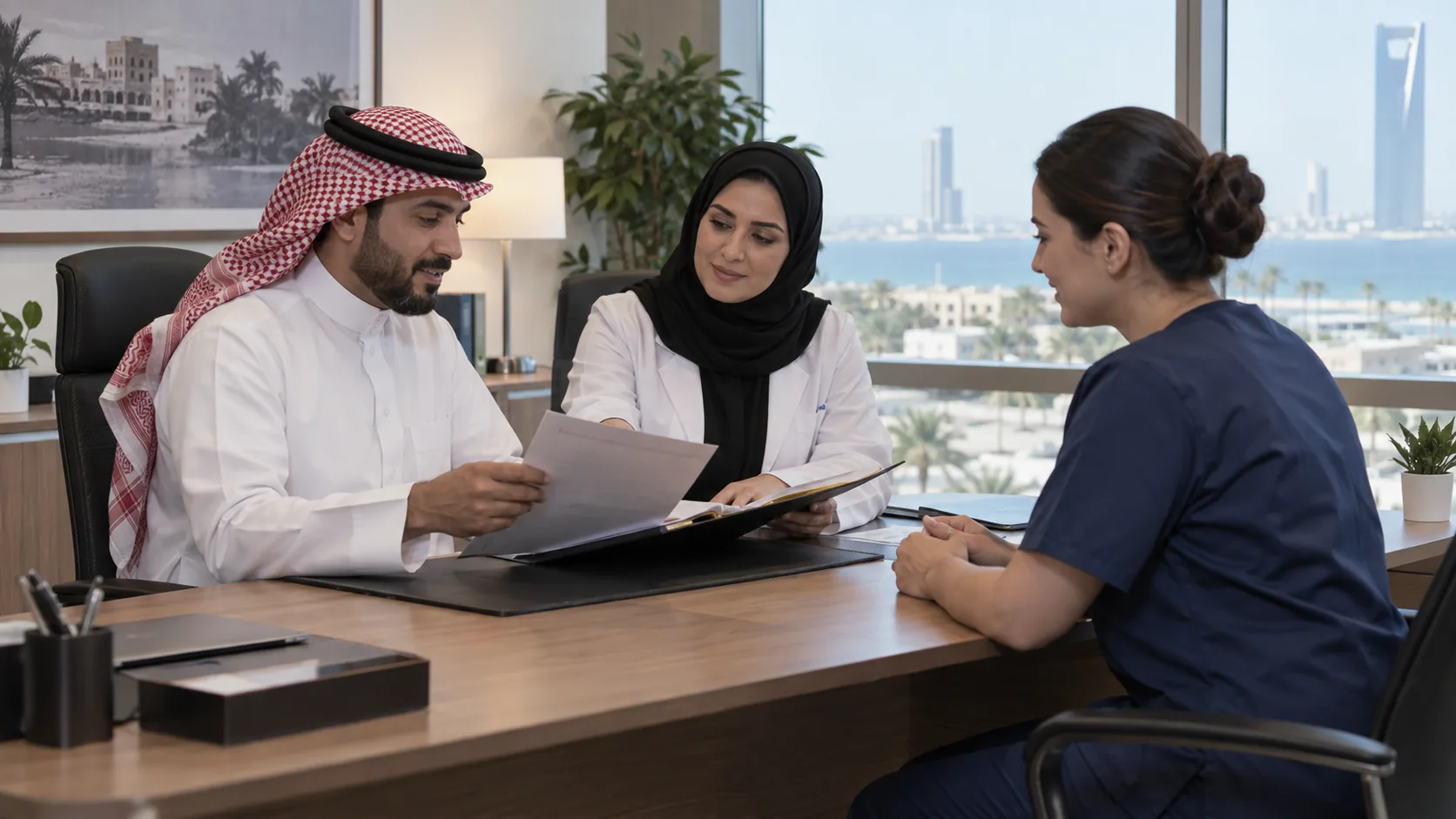 Hospital interviewers reviewing a credential folder with a nurse in one recruitment interview room