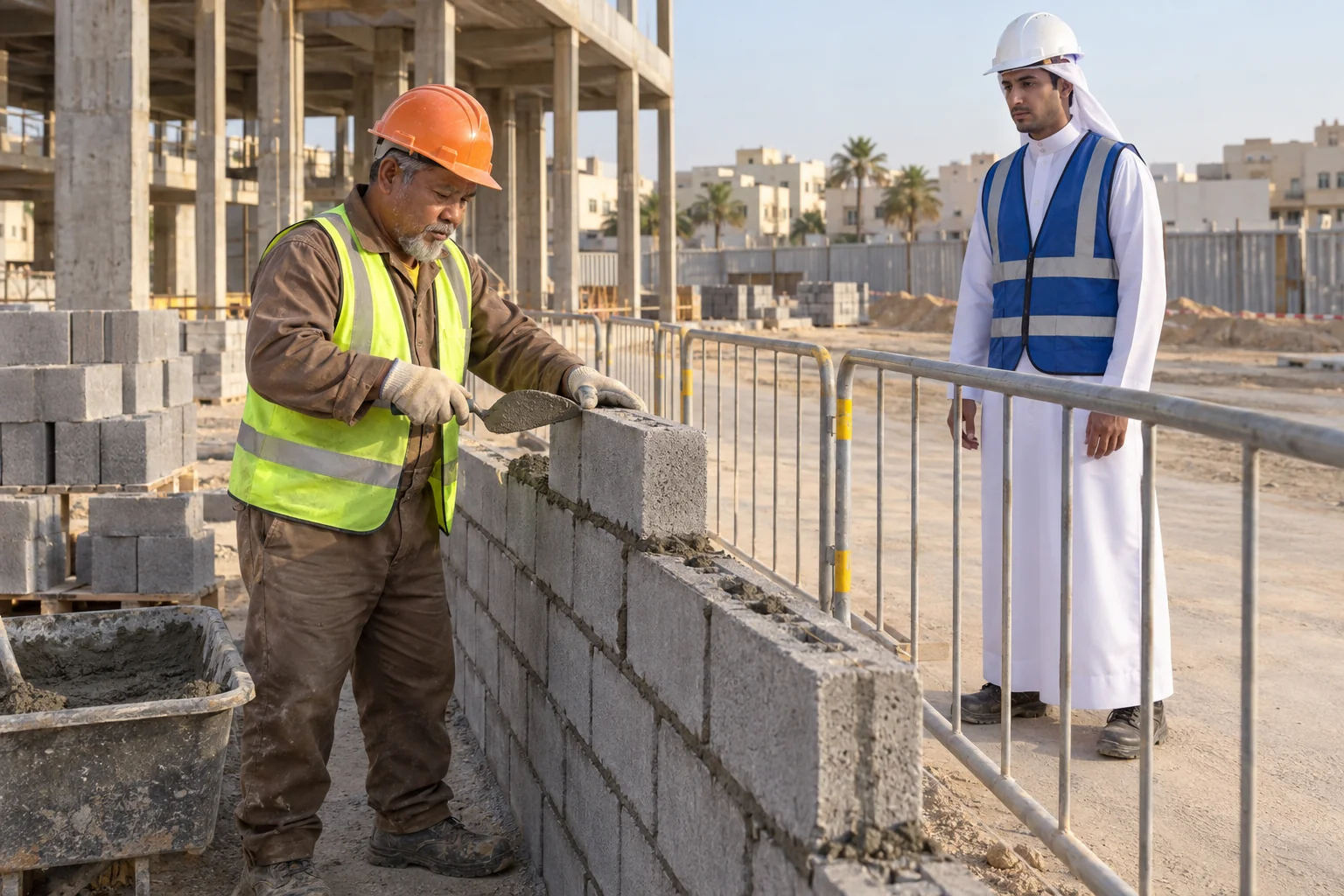 زائر عربي خيالي بالثوب ومعدات الوقاية يراقب بنّاءً خيالياً من جنوب شرق آسيا في منطقة بناء بلوك محمية بموقع إنشائي في جدة