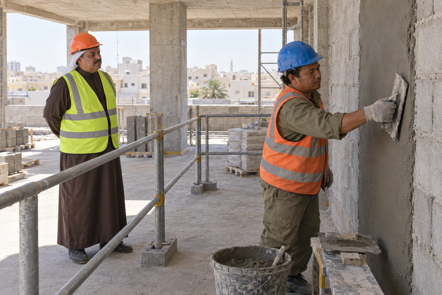 Fictional Arab visitor in a brown thobe and PPE observing a Southeast Asian male plasterer at a protected Jeddah construction assessment area