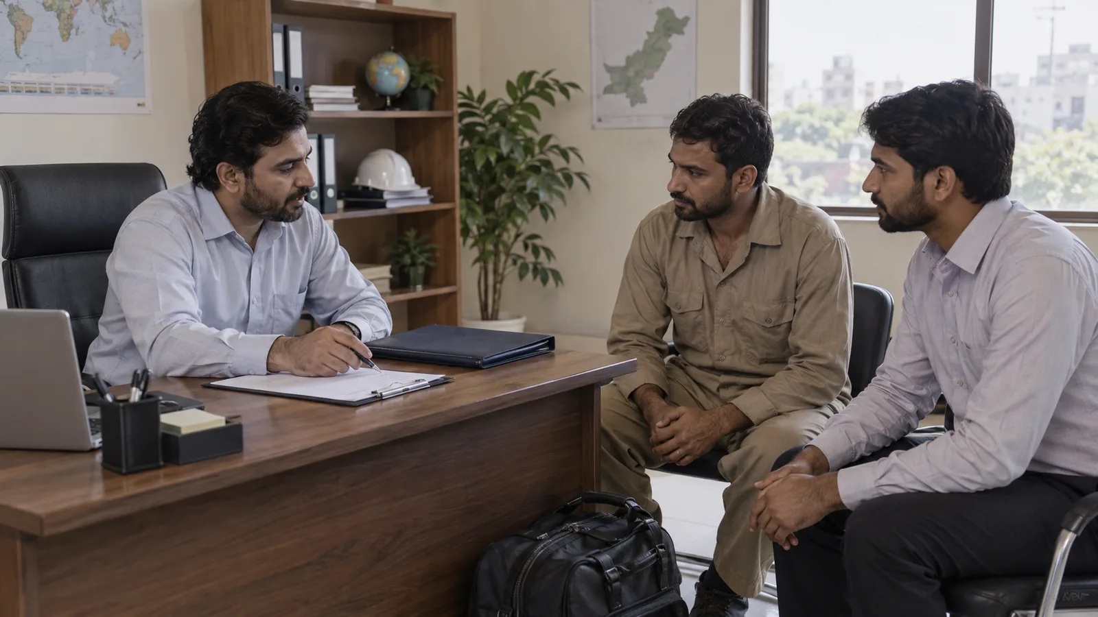 A recruitment coordinator reviews departure arrangements with two workers in a Pakistan office.