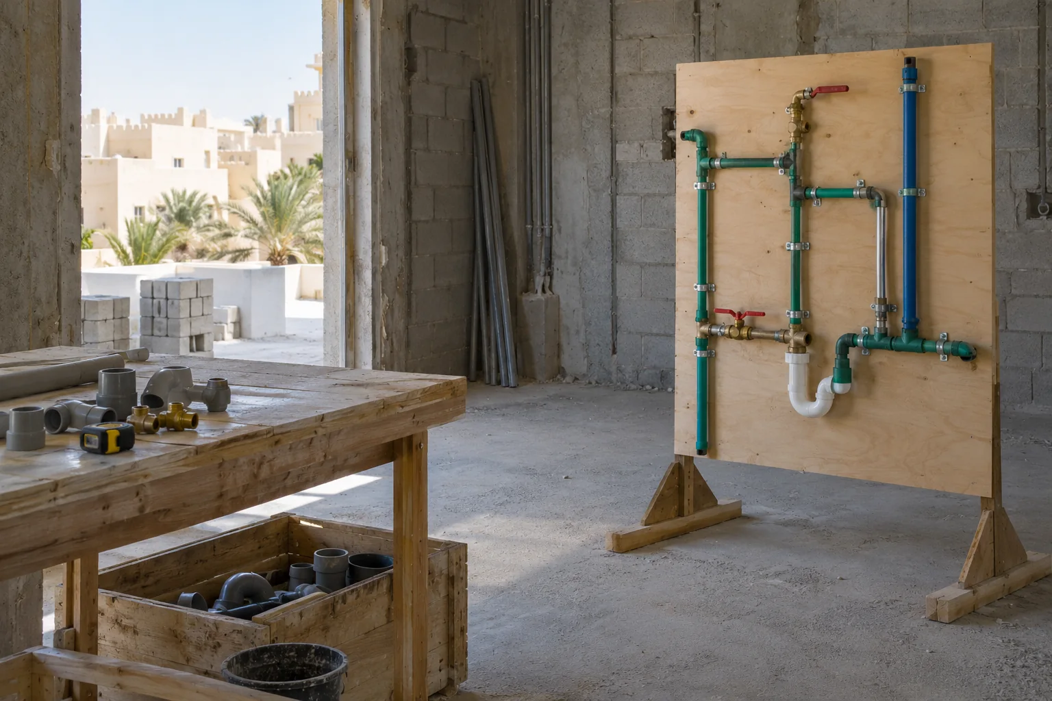 A disconnected plumbing practice assembly and fittings bench in an unfinished Jeddah construction setting