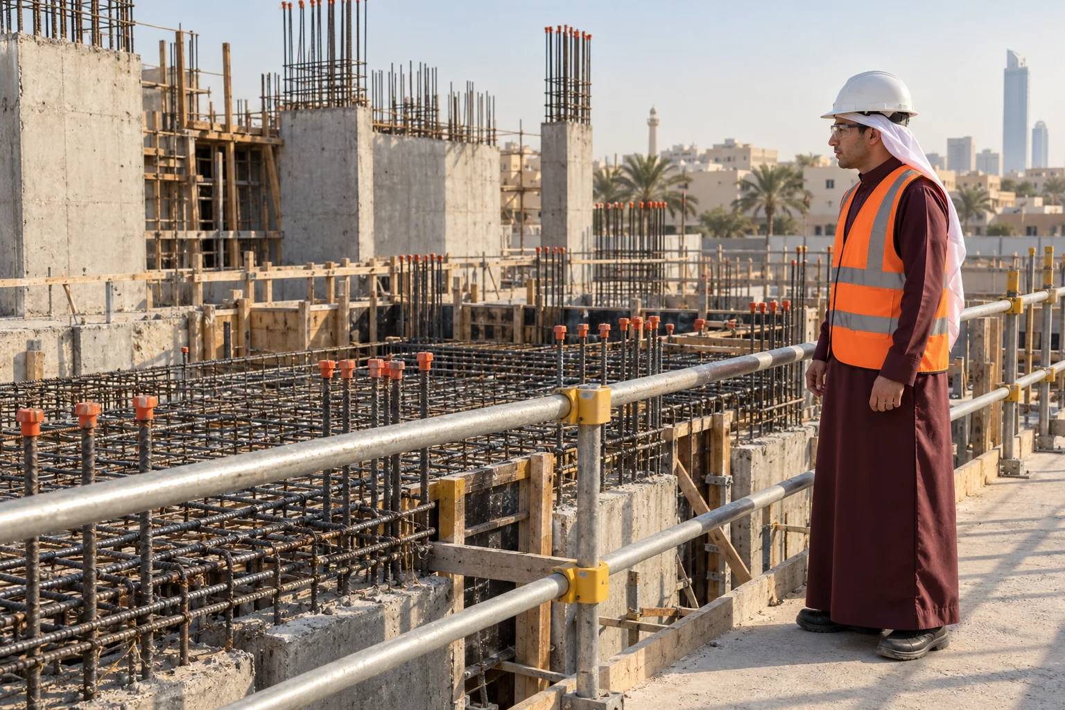 زائر عربي بالثوب ومعدات الوقاية يراقب منطقة تسليح خلف حاجز حماية في موقع بناء بجدة