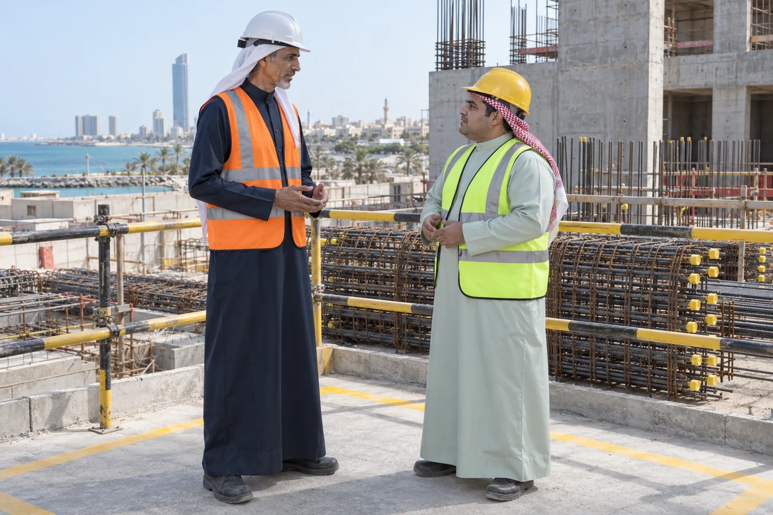 Two fictional Arab male visitors in thobes and PPE discussing reinforcement assessment beside a protected Jeddah construction workfront
