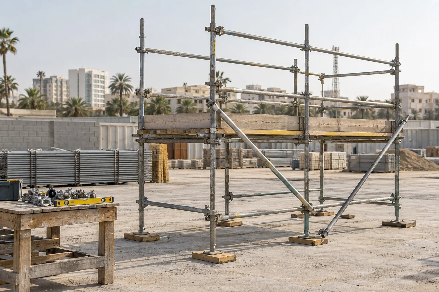 A scaffold bay and component checking bench at a Jeddah construction workfront